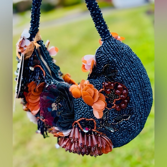 Navy Floral Sequin & Beaded Statement Shoulder Bag – Rare Viral Find ✨ - Picture 6 of 13